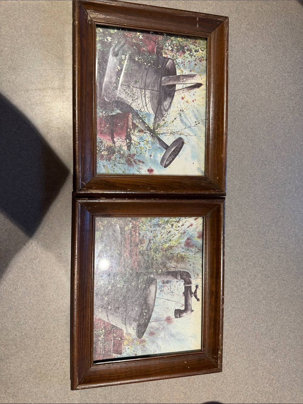 Vintage-Inspired Brown Framed Garden Faucet Prints - Set of 2